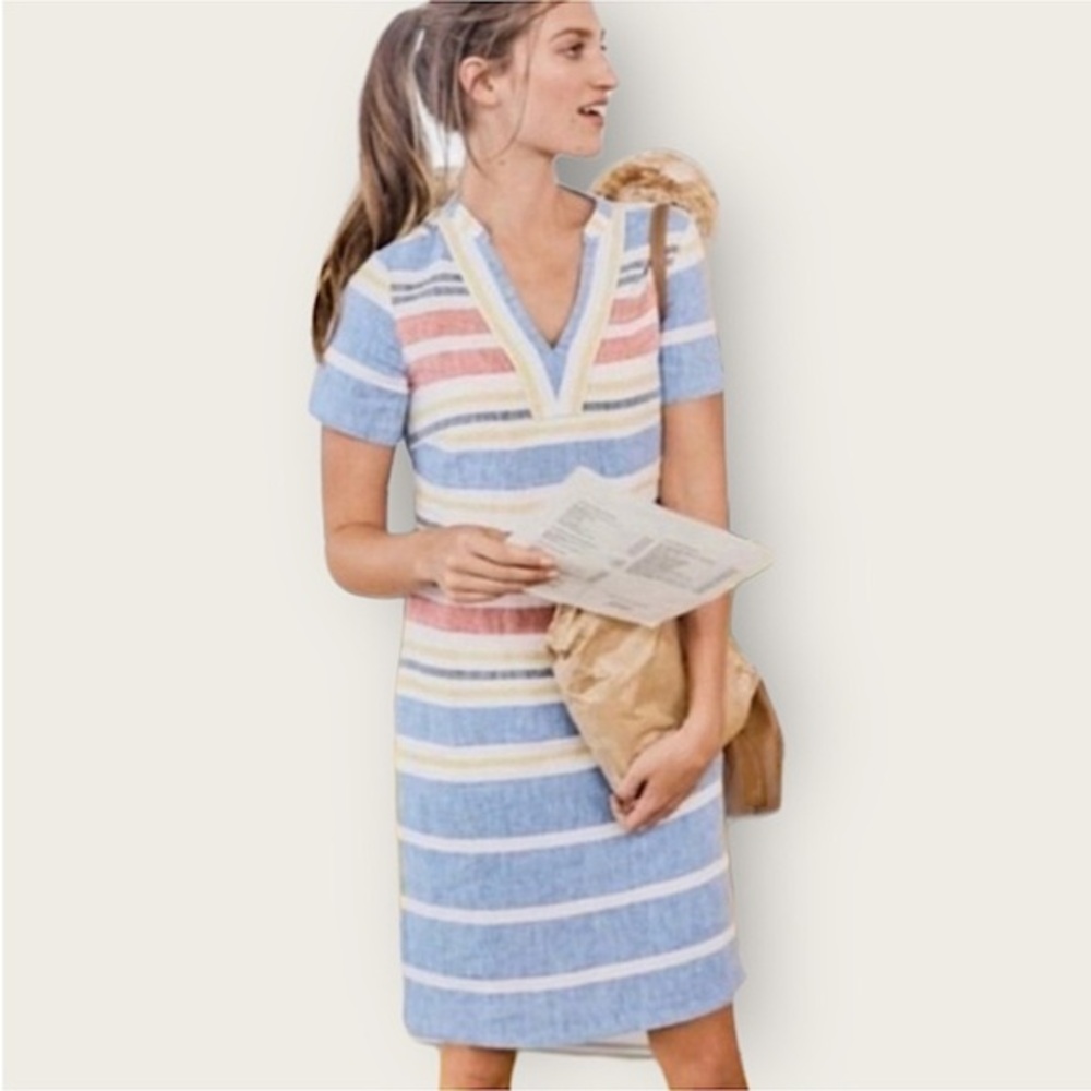 Boden 100% Linen Rosemary Striped Dress Short Sleeve V Neck Size 6R